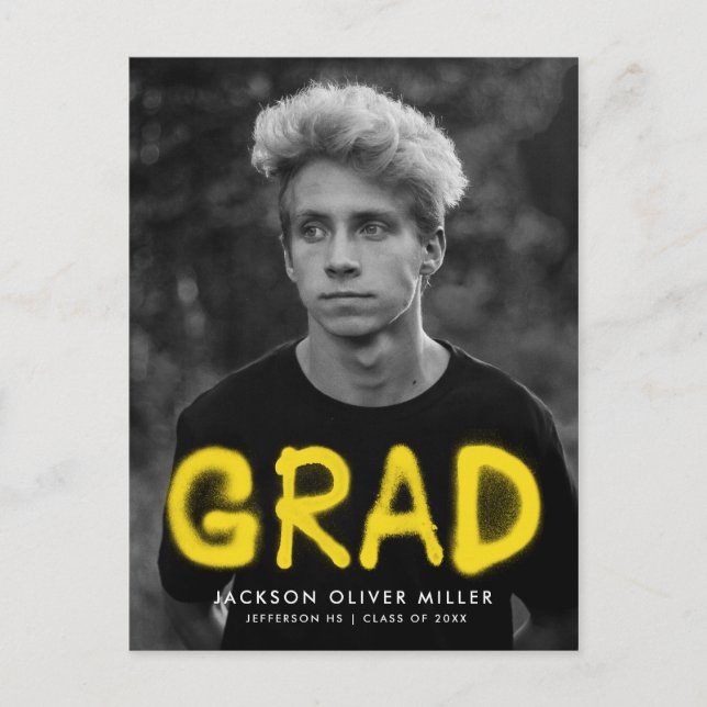 Yellow Spray Paint Photo Graduation Party Invitation Postcard (Front)