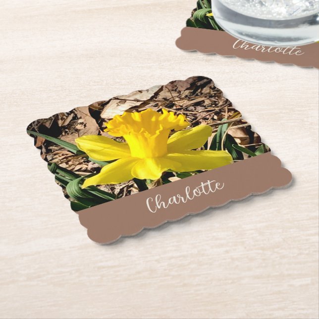 Yellow Spring Daffodil in the Garden Custom Name   Paper Coaster (Angled)