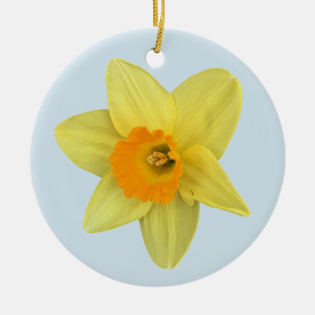 Yellow Spring Daffodil on Pale Blue Ceramic Ornament (Front)