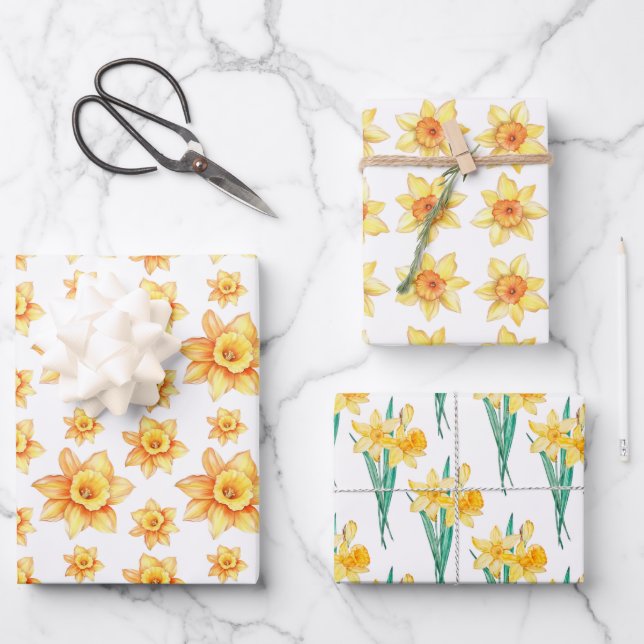Yellow Spring Daffodil Rustic Floral Wrapping Paper Sheet (Front)