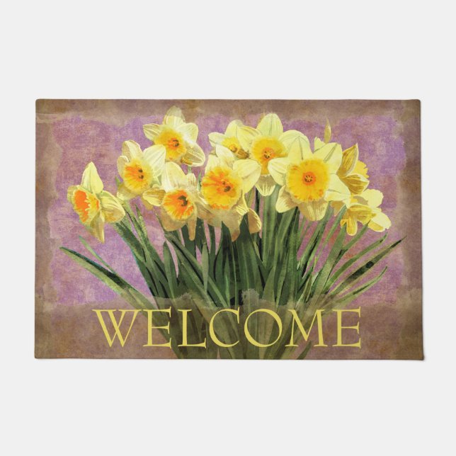 Yellow Spring Daffodils Rustic Lavender 24" x 36" Doormat (Front)