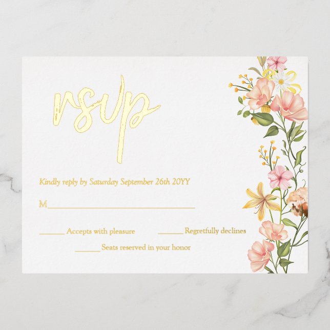 Yellow Spring Floral Pink Flowers RSVP Real Gold Foil Invitation Postcard (Front)