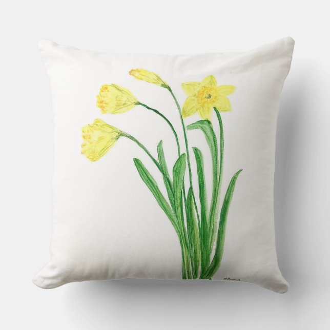 Yellow spring floral watercolor daffodils flowers cushion (Front)