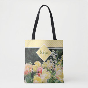 Yellow Spring Flowers and Hearts Monogram Tote Bag