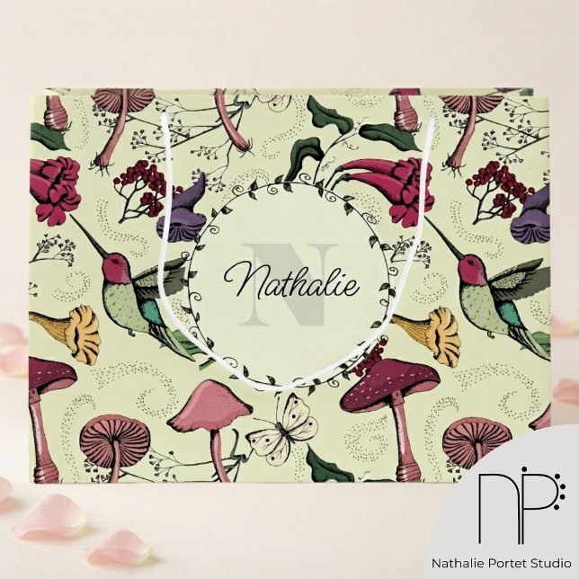 Yellow Spring Garden Hummingbird Large Gift Bag (This Yellow Spring Garden Hummingbird Large Gift Bag features hand-drawn wildflowers and a monogram.)