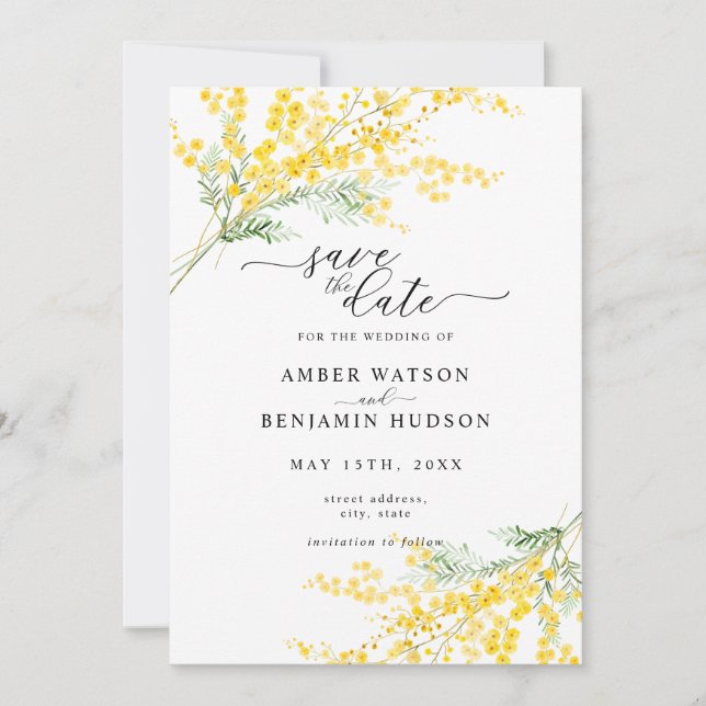 Yellow Spring Mimosa Floral Wedding Save The Date Invitation (Front)