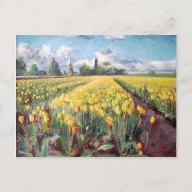 Yellow Spring Tulips Flower Fields Painting Postcard (Front)