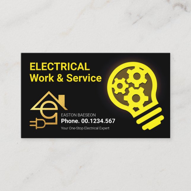 Yellow Sprocket Bulb Letter-E Electrician Business Card (Front)