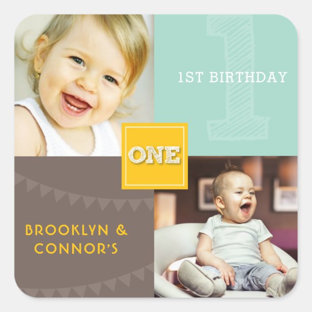 Yellow Square Sketch One Twins 1st Birthday Photo Square Sticker (Front)