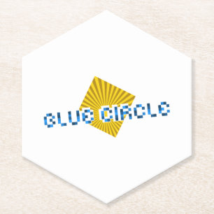 Yellow Square with Beams and Opposite Pixel Text Paper Coaster