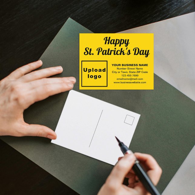 Yellow St. Patrick Business Holiday Postcard (Business brand with St. Patrick greeting on yellow holiday postcard)