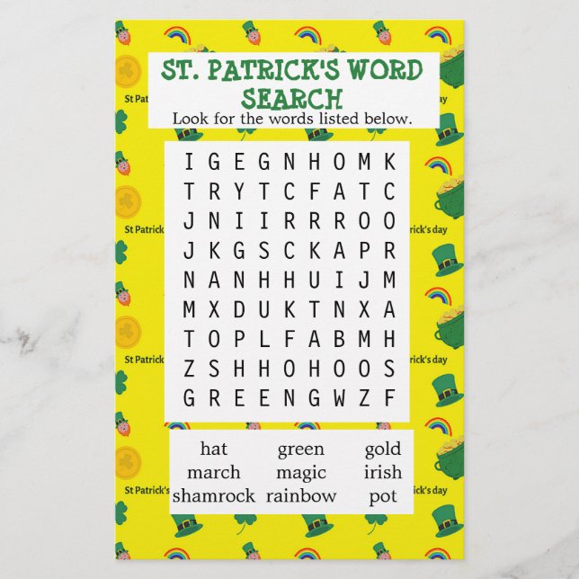 Yellow St. Patrick's word search paper (Front)