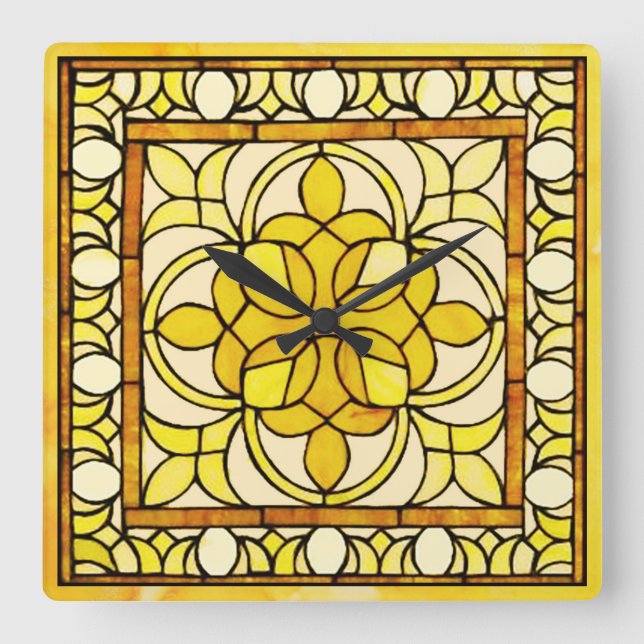 Yellow Stained Glass Square Wall Clock (Front)
