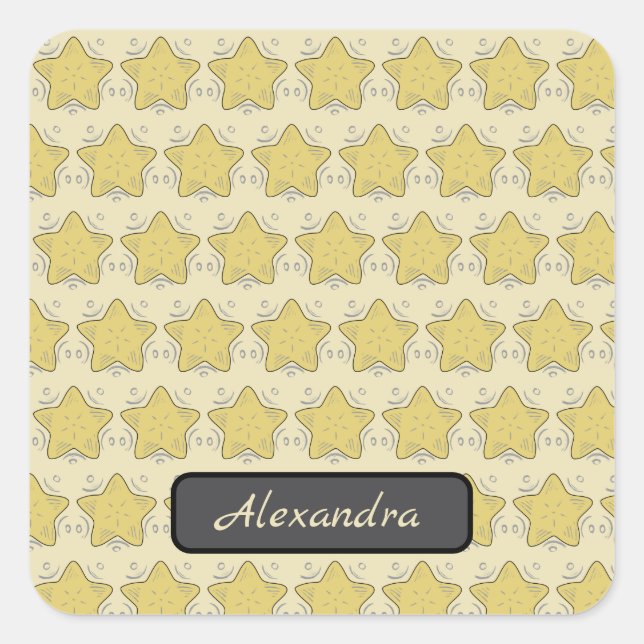 Yellow Star Applique Patchwork Square Sticker (Front)