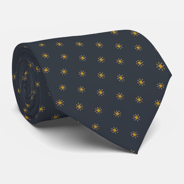 Yellow Star on Navy Blue Night Sky Pattern Tie (Rolled)