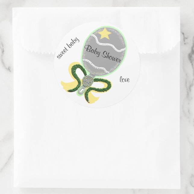 Yellow Star Rattle Baby Shower Round Stickers (Bag)