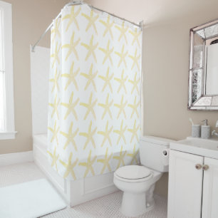 Yellow Starfish Sea Stars Pattern Cute White Beach Shower Curtain