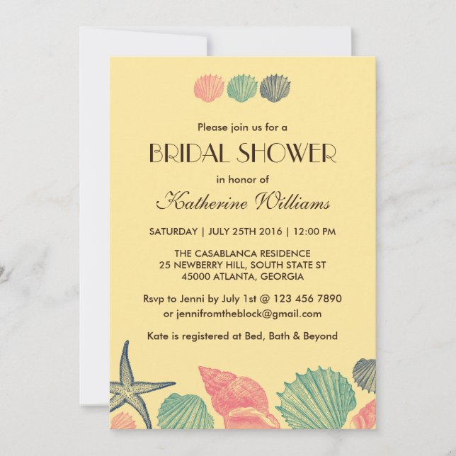 Yellow Starfish Seashells Bridal Shower Invitation (Front)