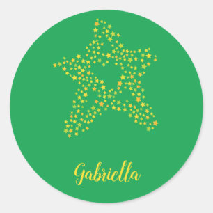 Yellow stars in star on green classic round sticker