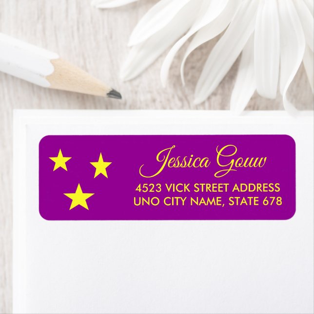 Yellow stars on purple return address label (Insitu)