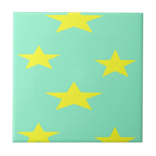 Yellow stars on turquoise ceramic tile (Front)