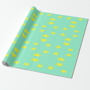 Yellow stars on turquoise wrapping paper
