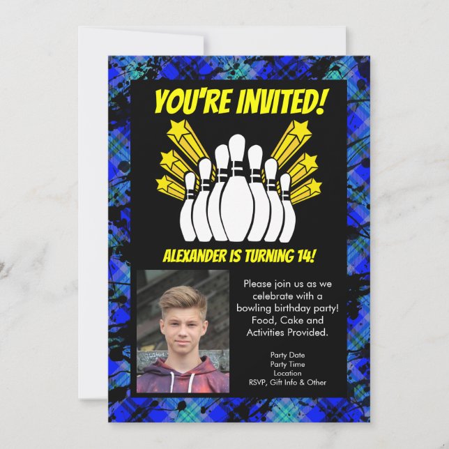 Yellow Stars Photo Bowling Party Birthday Invitation (Front)