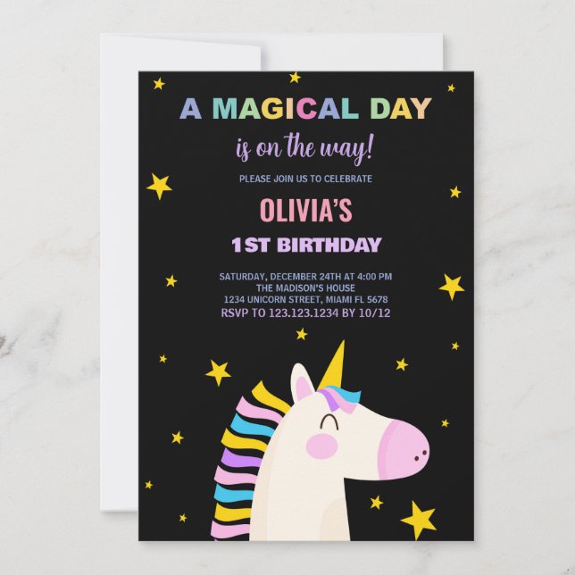 Yellow Stars Unicorn Birthday Invitations (Front)