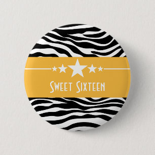 Yellow Stars Zebra Print Sweet 16 Button