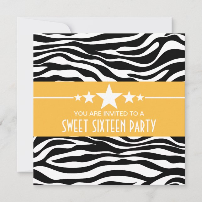 Yellow Stars Zebra Print Sweet 16 Invite (Front)