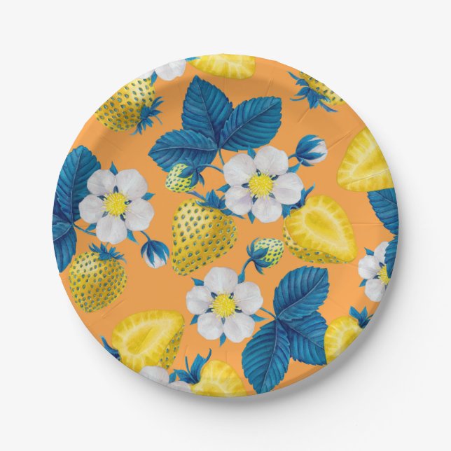 Yellow strawberries on orange paper plate (Front)