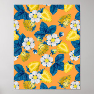 Yellow strawberries on orange poster