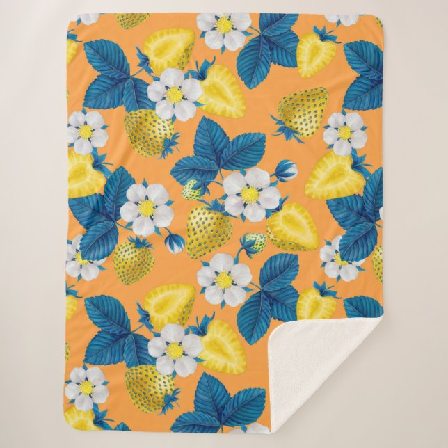 Yellow strawberries on orange sherpa blanket (Front)
