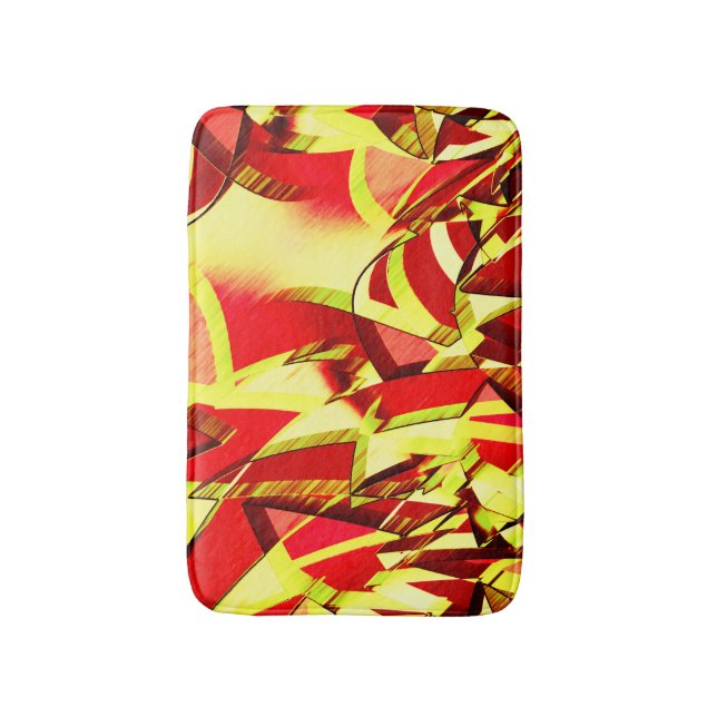 Yellow streaks on red, drizzled image bath mat (Front Vertical)