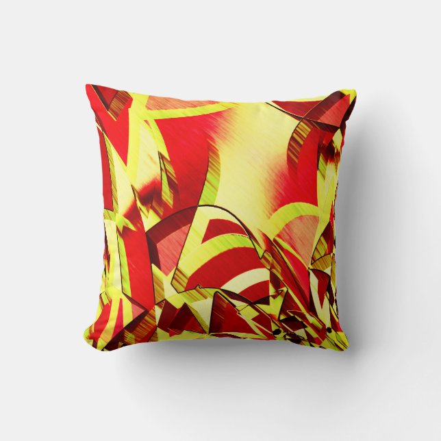 Yellow streaks on red, drizzled image cushion (Front)