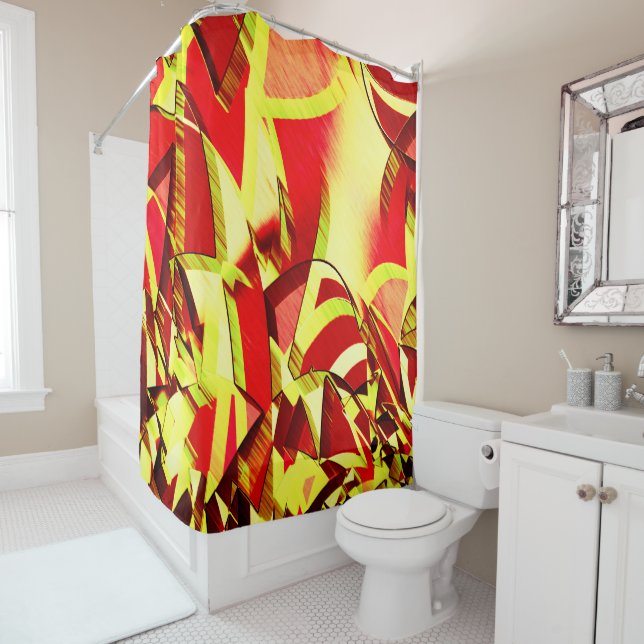Yellow streaks on red, drizzled image shower curtain (In Situ)