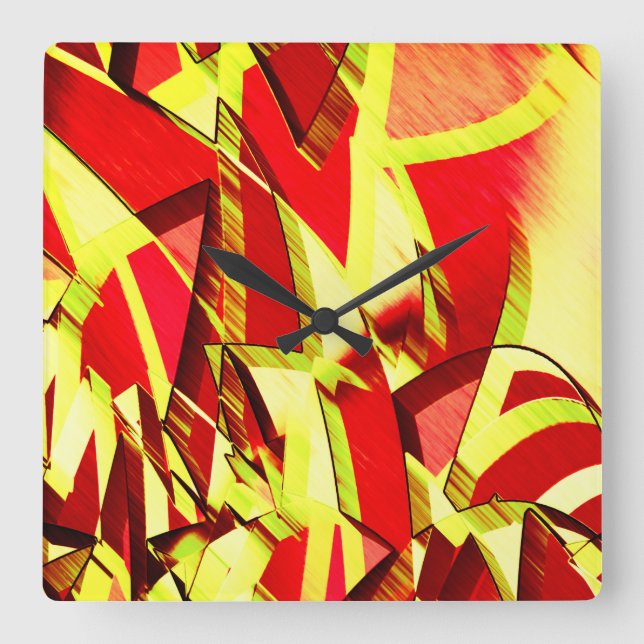 Yellow streaks on red, drizzled image square wall clock (Front)