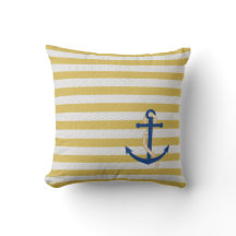 Yellow Strip Nautical Pillow with Blue Anchor