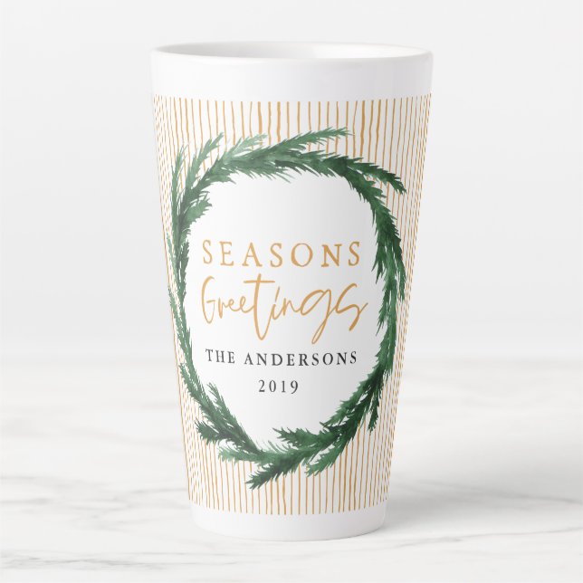 Yellow stripe and watercolour wreath Christmas Latte Mug (Front)