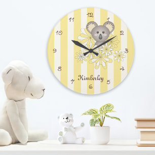 Yellow Stripe Baby Koala Bear Nursery / Kids Room Large Clock