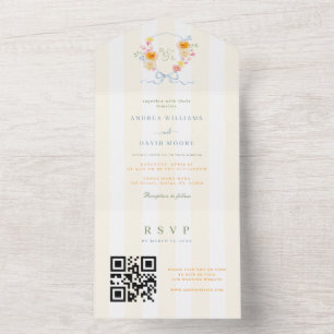 Yellow Stripe Crest Bow Monogram Spring Wedding All In One Invitation