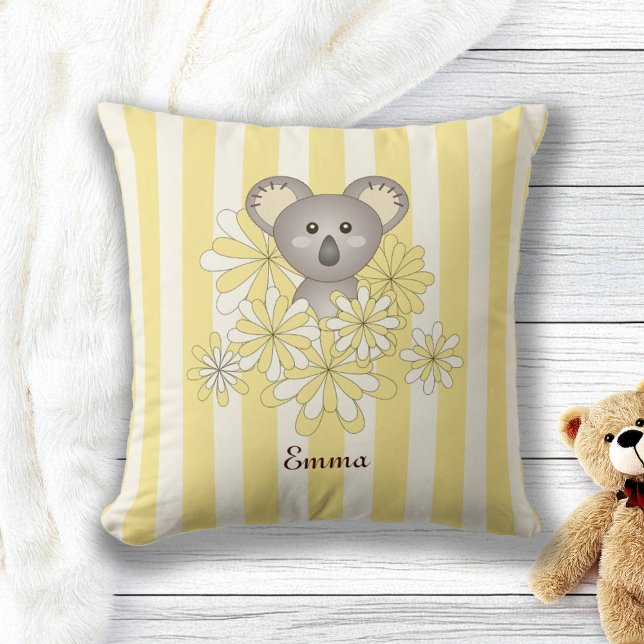 Yellow Stripe Cute Baby Koala Bear Children's Room Cushion (Creator Uploaded)