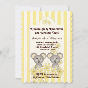 Yellow Stripe Cute Baby Koala Twin Kids Birthday Invitation