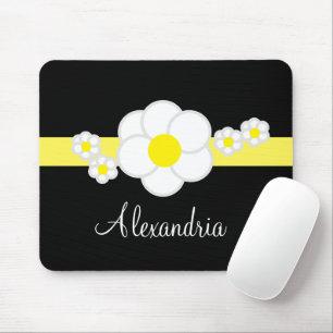 Yellow Stripe Daisy Black White Elegant Script Mouse Pad