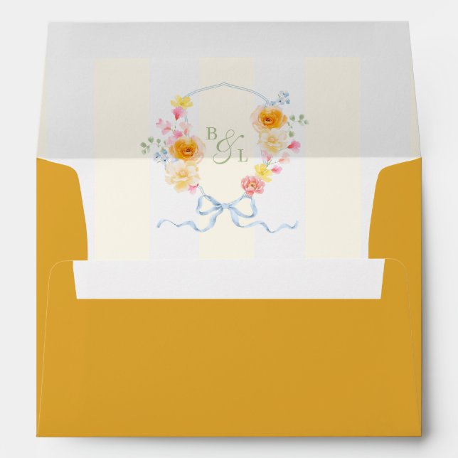 Yellow Stripe Floral Crest Monogram Spring Wedding Envelope (Back (Bottom))