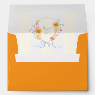 Yellow Stripe Floral Crest Monogram Spring Wedding Envelope