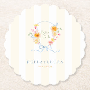Yellow Stripe Floral Crest Monogram Spring Wedding Paper Coaster