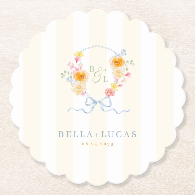 Yellow Stripe Floral Crest Monogram Spring Wedding Paper Coaster (Front)