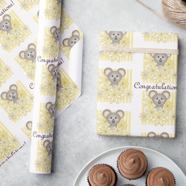 Yellow Stripe Koala Baby Shower / Kids Birthday  Wrapping Paper (Creator Uploaded)