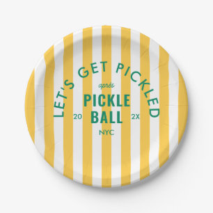 Yellow Stripe Let's Get Pickled Après Pickleball Paper Plate